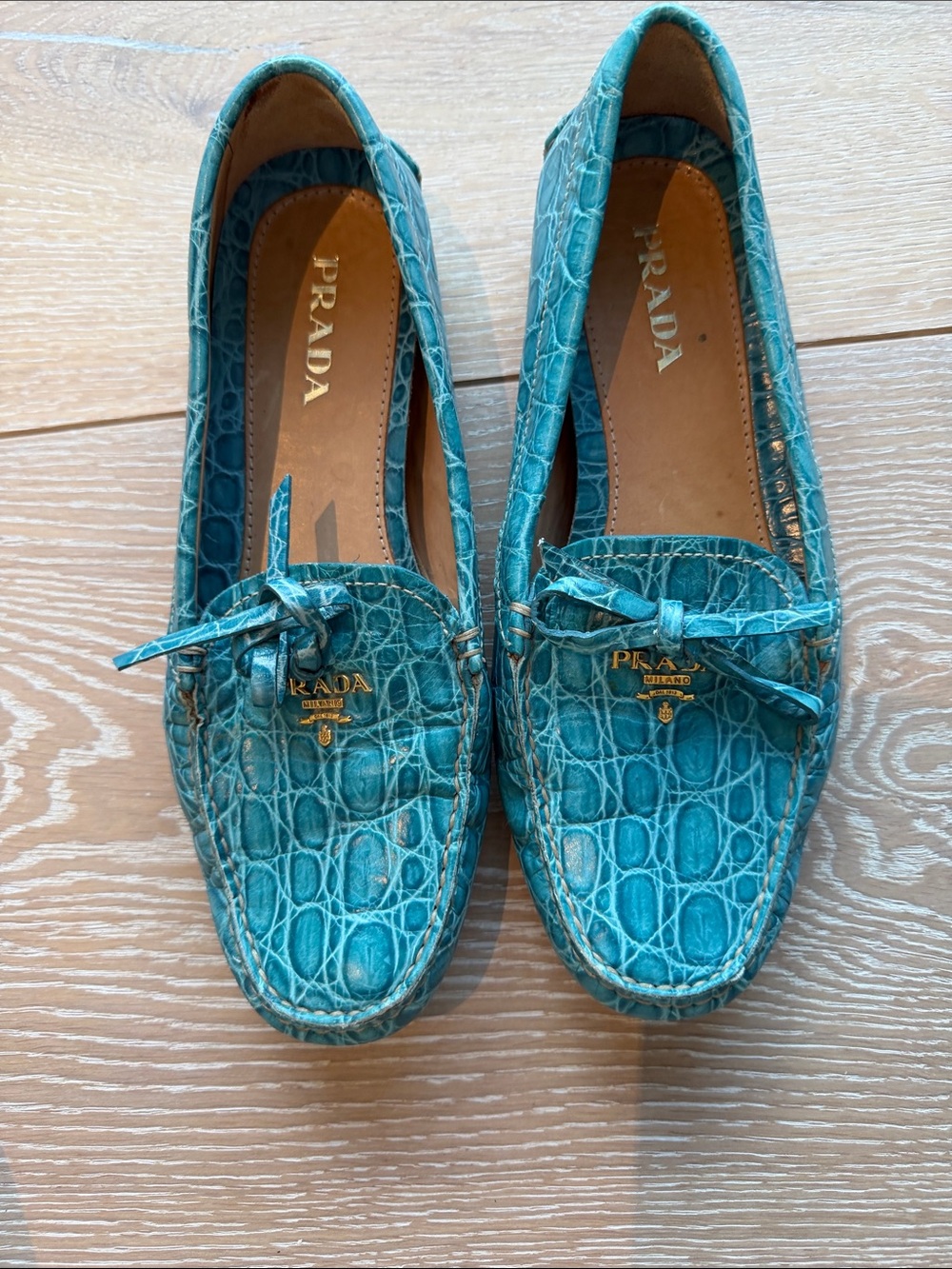 Hardly worn.. very comfortable, Prada Teal Croc-Embossed Leather Loafers size 9